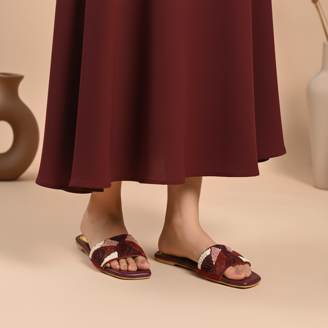 Hala Maroon Flat Textured Slip-Ons | S212F-MAR