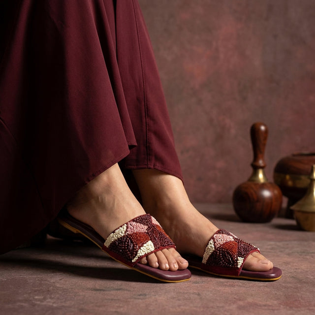 Hala Maroon Flat Textured Slip-Ons | S212F-MAR