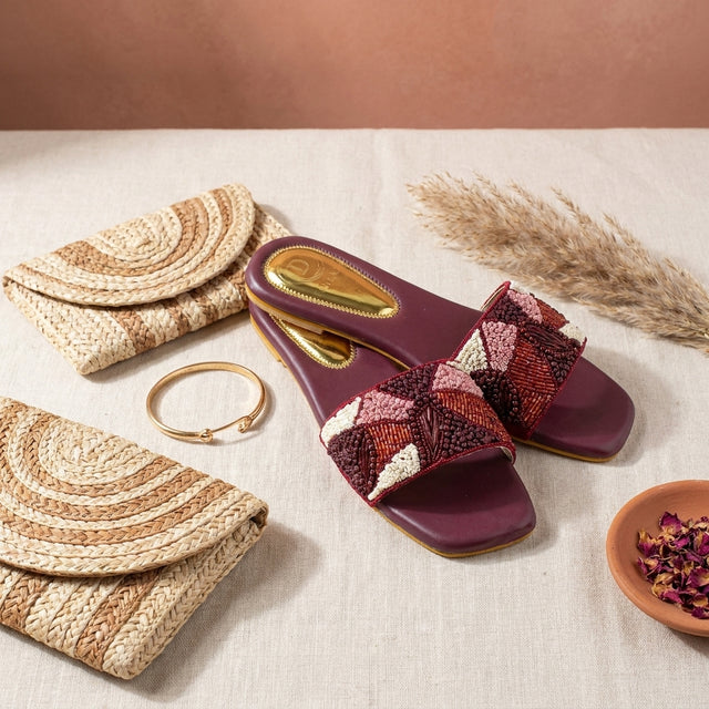 Hala Maroon Flat Textured Slip-Ons | S212F-MAR