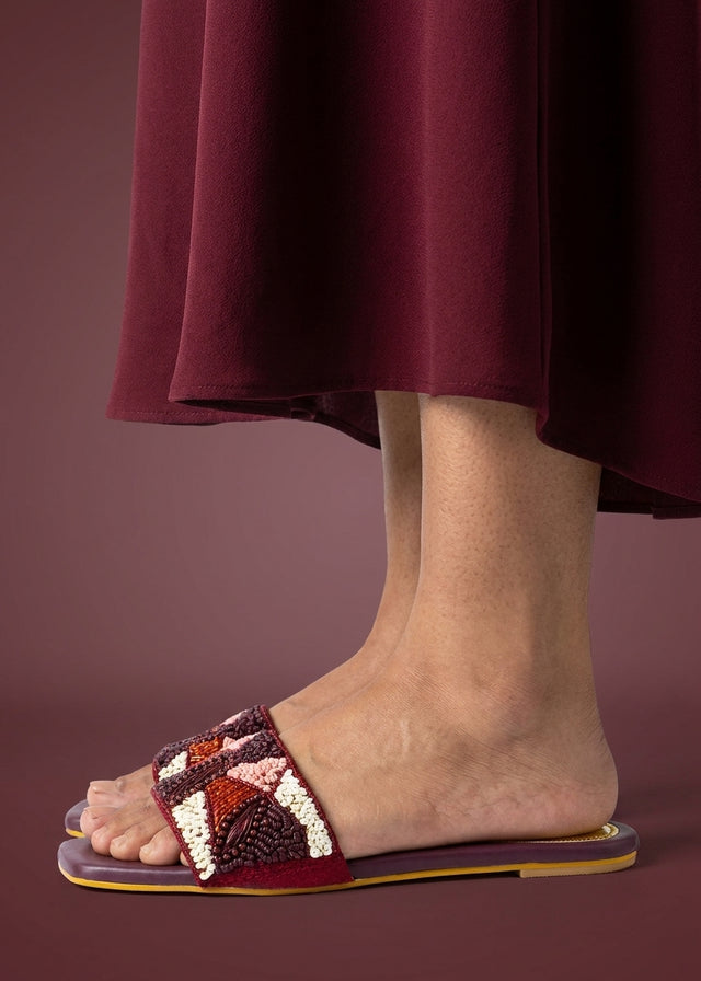 Hala Maroon Flat Textured Slip-Ons | S212F-MAR