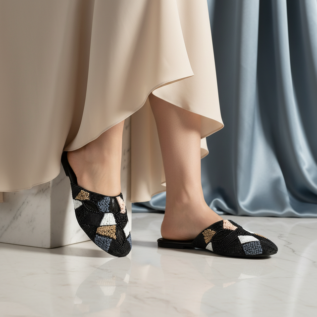 Black Flat Textured Slippers | S213F-B