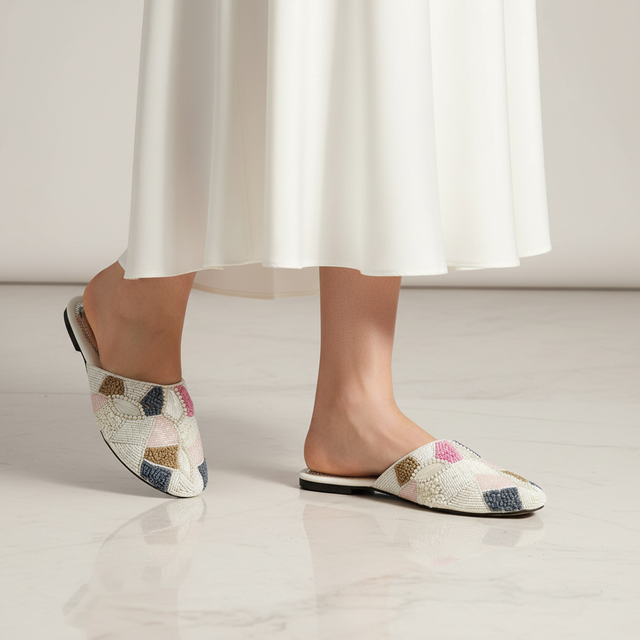 White Flat Textured Slippers | S213F-W