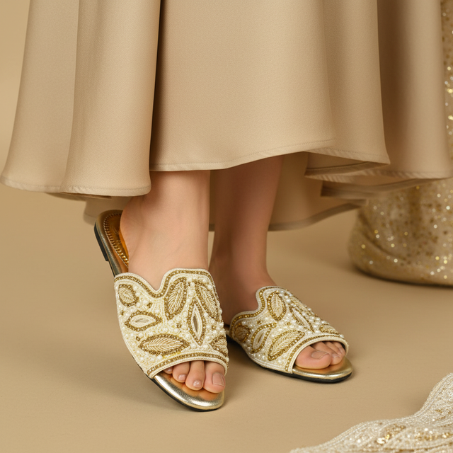 Cream Flat Natural Design Slippers | S214F-C