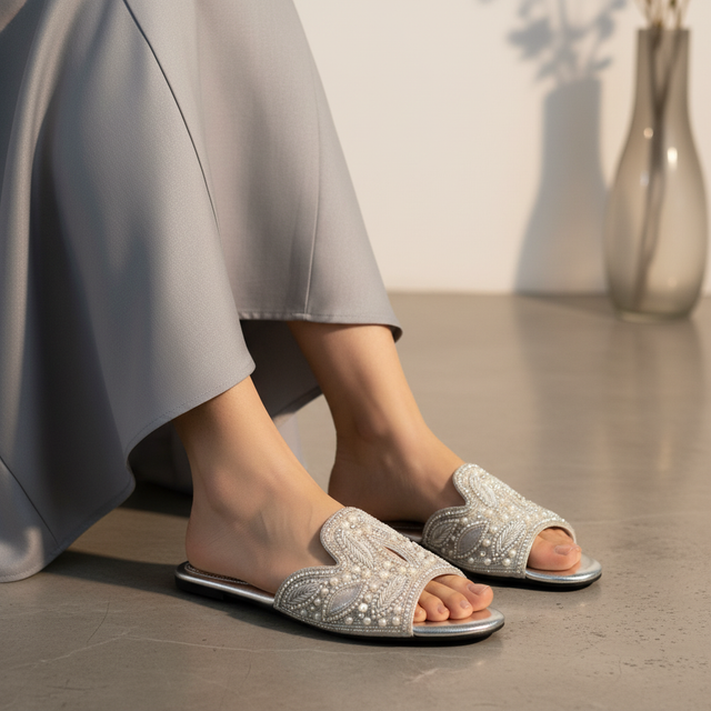 Silver Flat Natural Design Slippers | S214F-S