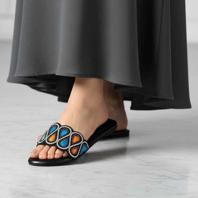 Black Multicolour Flat Modern Slip Ons | S215F-BM