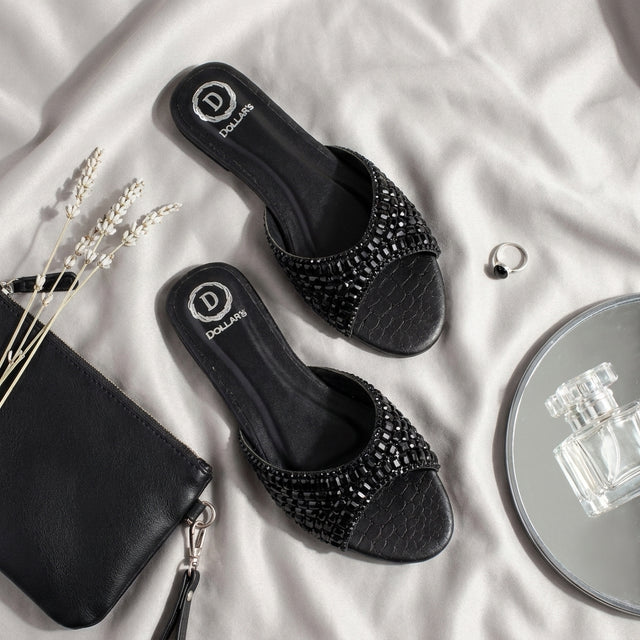 Haya Black Flat Brilliant Slides | S250FF-B