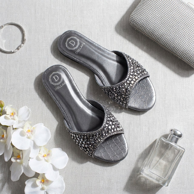 Haya Grey Flat Brilliant Slides | S250FF-GR