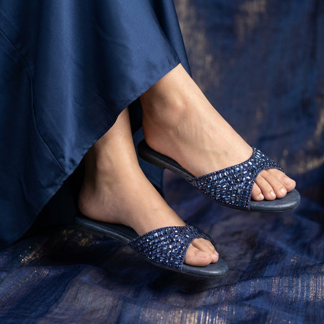 Haya Navy Blue Flat Brilliant Slides | S250FF-NVY