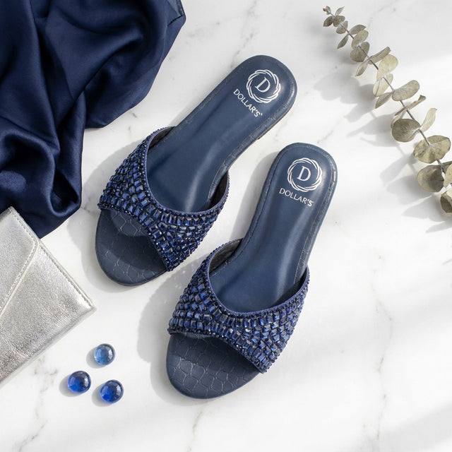 Haya Navy Blue Flat Brilliant Slides | S250FF-NVY