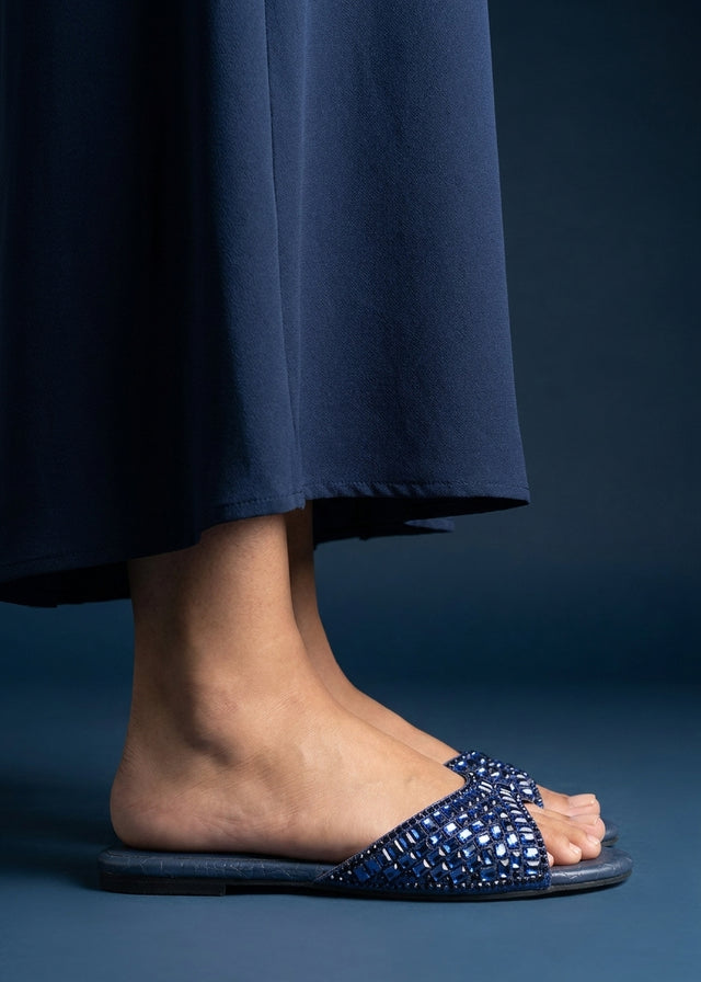 Haya Navy Blue Flat Brilliant Slides | S250FF-NVY