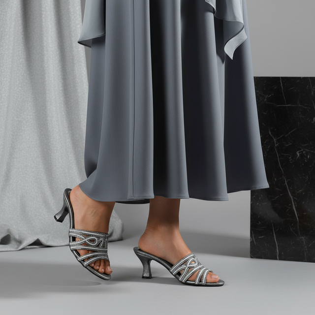 Afrah Grey 3in Flared Heel Cloth Material Slip-On Sandals | S260H-GR