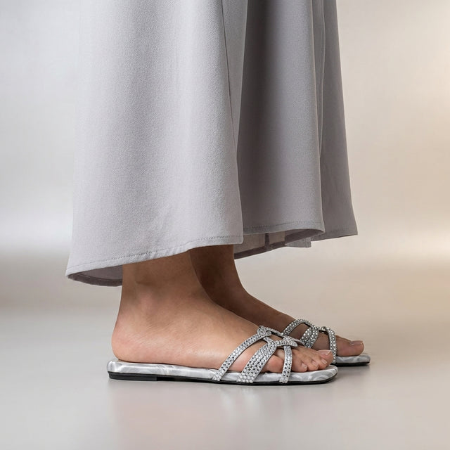 Bella Silver Flat Silk Design Slippers | S261F-S