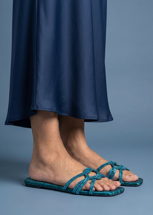 Bella Teal Flat Silk Design Slippers | S261F-T