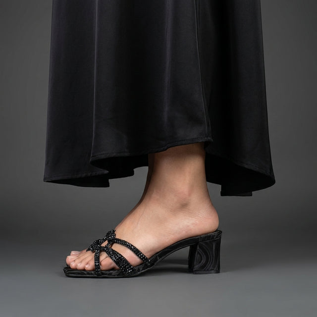 Bella Black 2in Sculpted Block Heel Silk Design Sandals | S261H-B