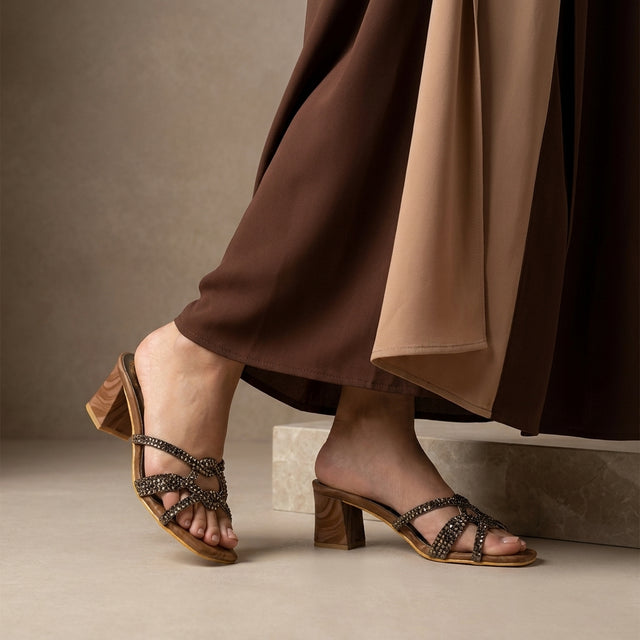 Bella Brown 2in Sculpted Block Heel Silk Design Sandals | S261H-BR