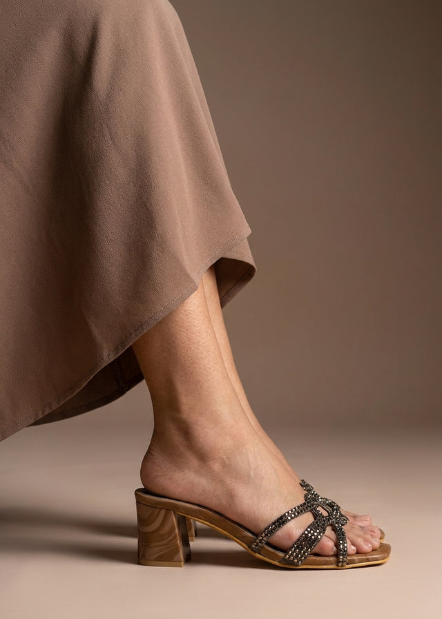 Bella Brown 2in Sculpted Block Heel Silk Design Sandals | S261H-BR