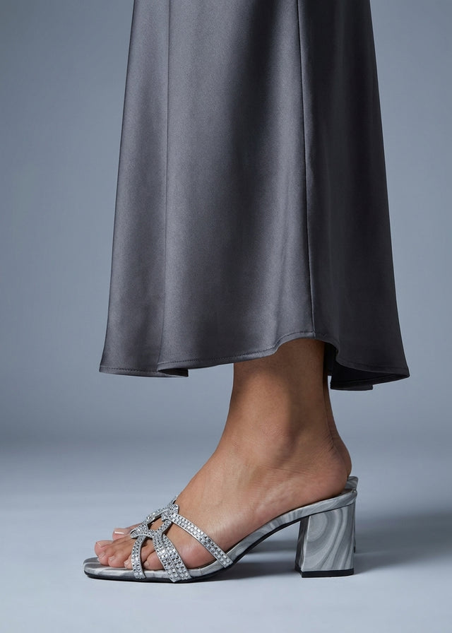 Bella Silver 2in Sculpted Block Heel Silk Design Sandals | S261H-S