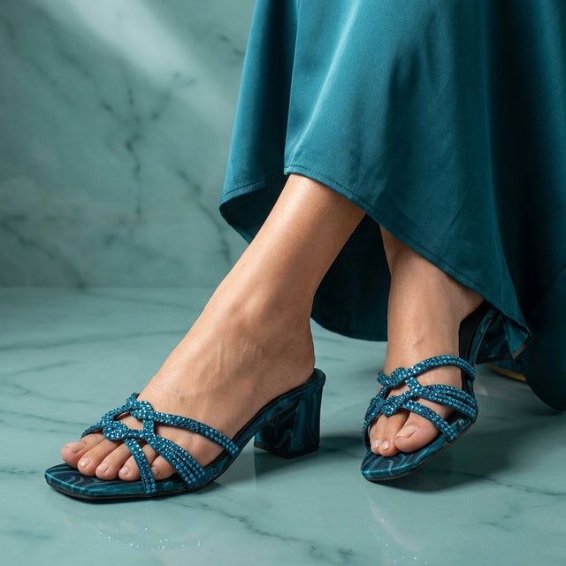 Bella Teal 2in Sculpted Block Heel Silk Design Sandals | S261H-T