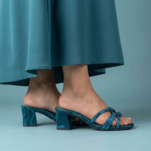 Bella Teal 2in Sculpted Block Heel Silk Design Sandals | S261H-T