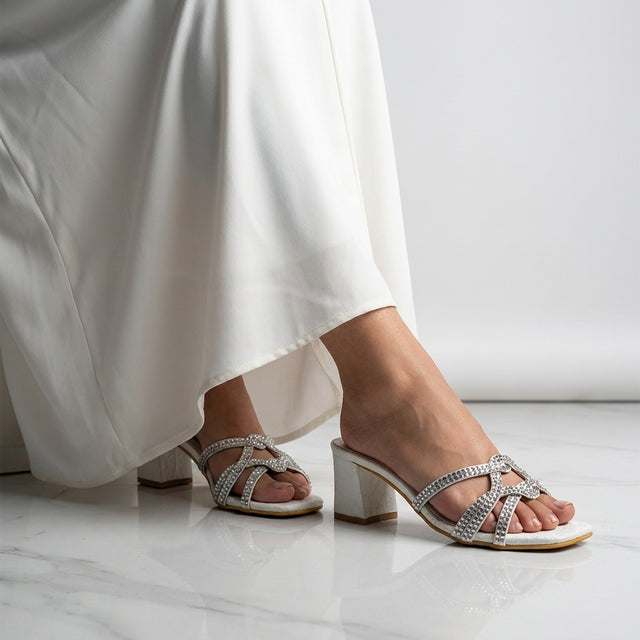 Bella White 2in Sculpted Block Heel Silk Design Sandals | S261H-W