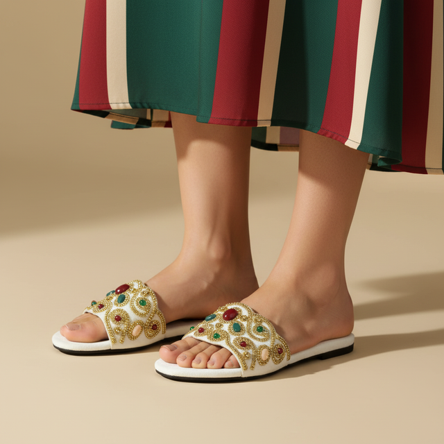 Cream Flat Beaded Slides | S272F-C