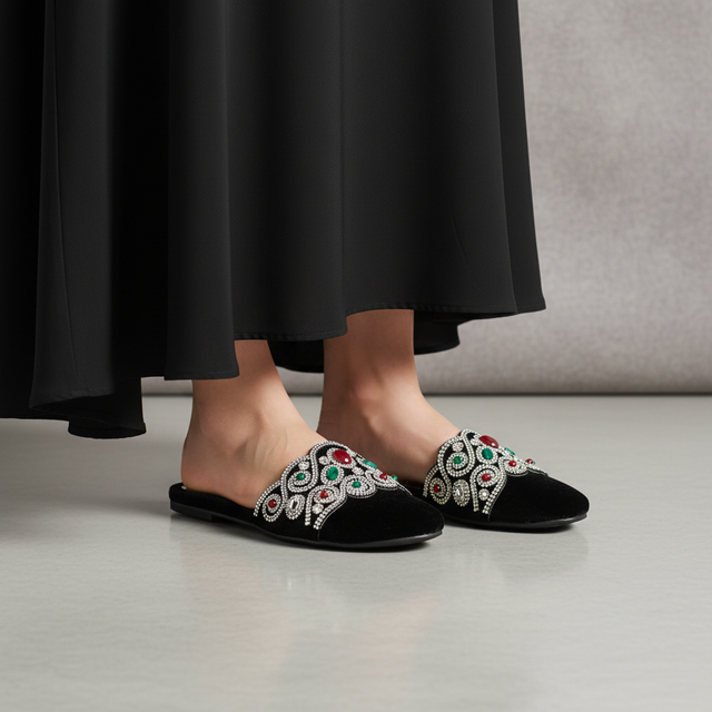 Silver Flat Beaded Slippers | S272F-S