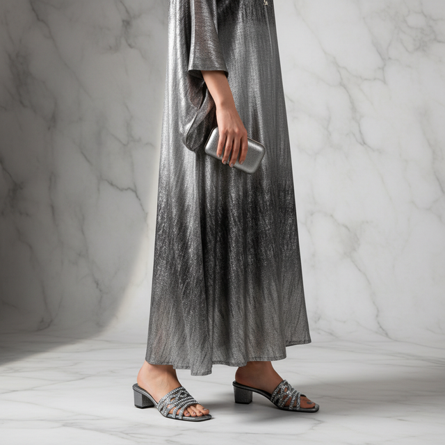 Najma Grey 2in Block Heel Pearl Design Sandals | S275H-GR