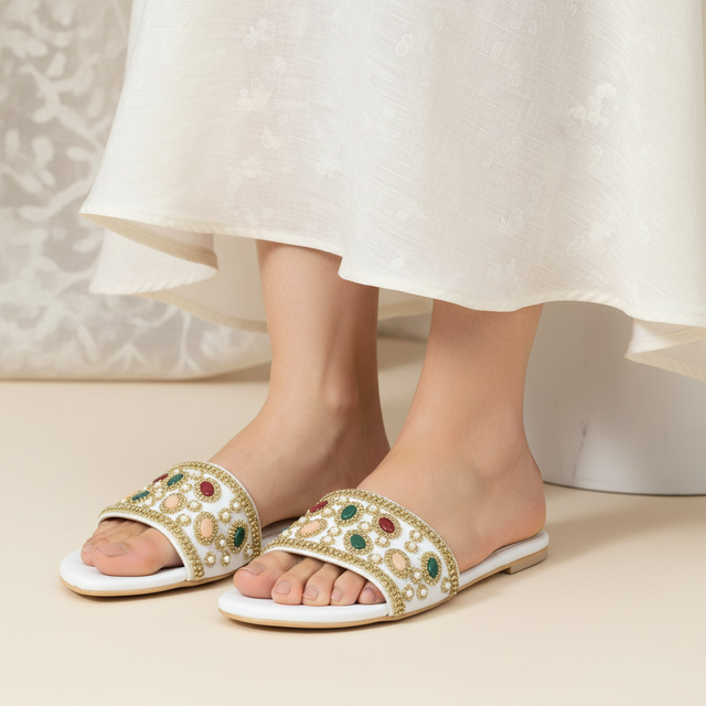 Cream Flat Beaded Flats | S288F-C