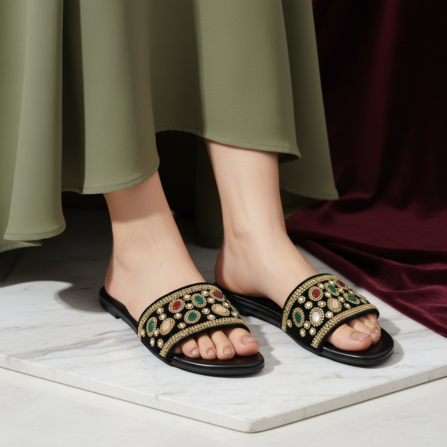 Gold Flat Beaded Slippers | S288F-G