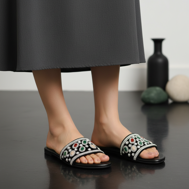Silver Flat Beaded Slippers | S288F-S