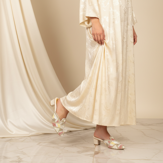 Cream 2in Sculpted Block Heel Textured Mule Sandals | S300H-C