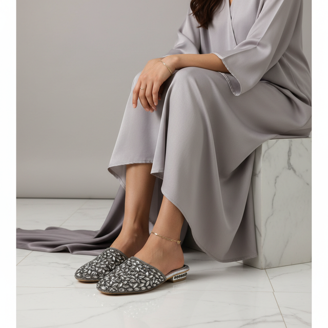 Grey Flat Crystal Encrusted Slip Ons | S310F-GR