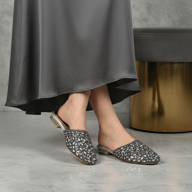 Grey Flat Crystal Encrusted Slip Ons | S310F-GR