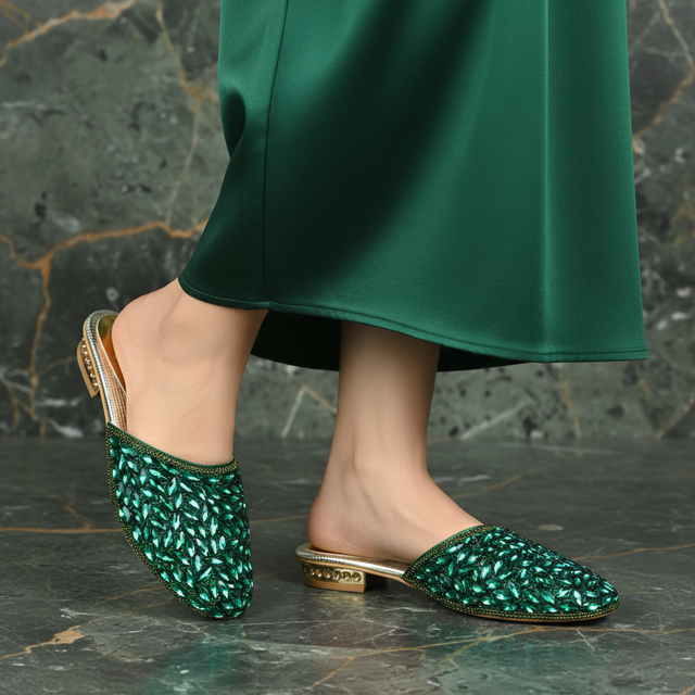 Green Flat Glamorous Slip-Ons | S310F-GRN