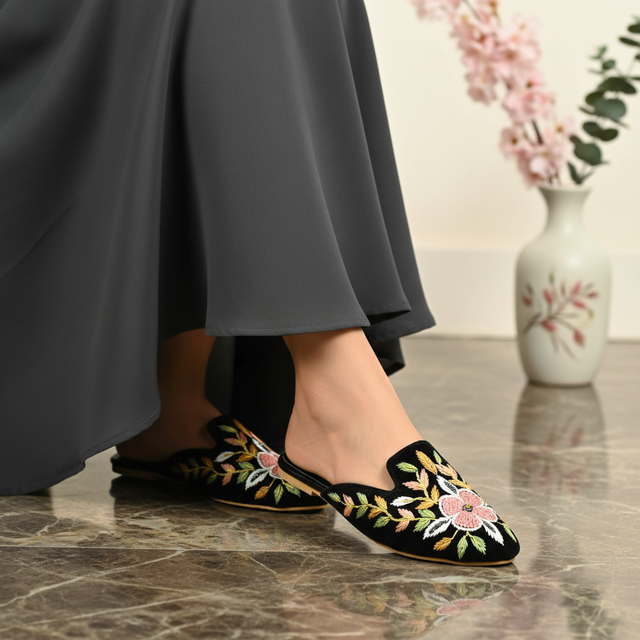 Black Flat Floral Pattern Slip-Ons | S311F-B