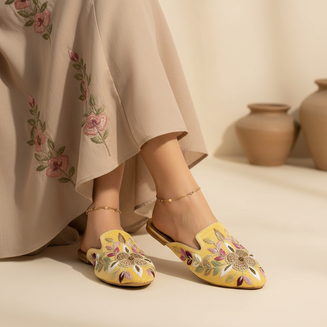 Yellow Flat Floral Pattern Slip-Ons | S311F-Y