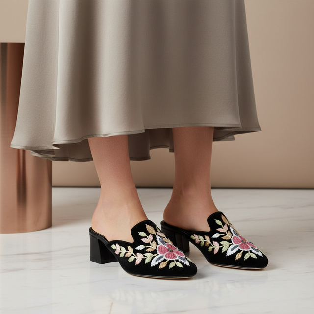 Black 2in Sculpted Block Heel Floral Pattern Mule Sandals | S311H-B