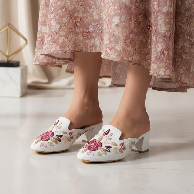 White 2in Sculpted Block Heel Floral Pattern Mule Sandals | S311H-W