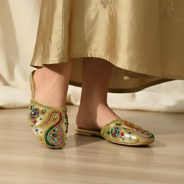 Gold Multicolour Flat Handmade Slip Ons | S312F-GM