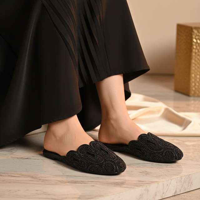 Black Flat Modern Textured Slip-Ons | S323F-B