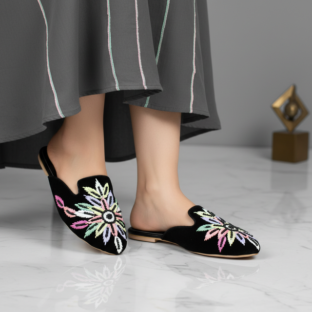 Black Flat Handcrafted Slippers | S327F-B
