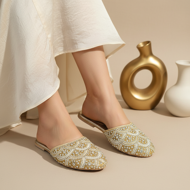 Light Gold Flat Drapes Style Slippers | S332F-LG