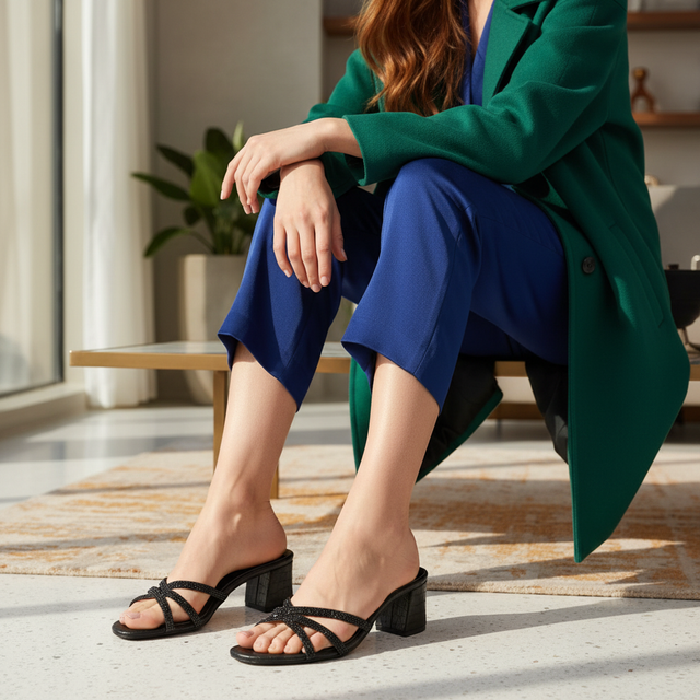 Black Heel Cross Design Slip-On Sandals | S355H-B