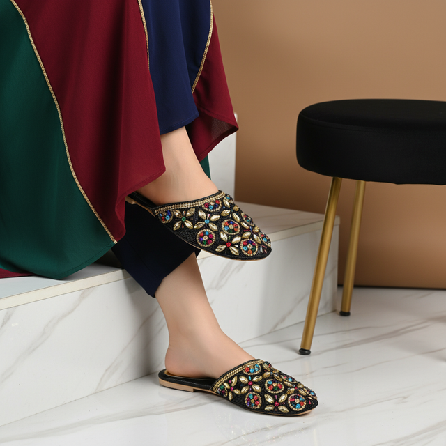 Black Multicolour Flat Luxury Slippers | S366F-BM