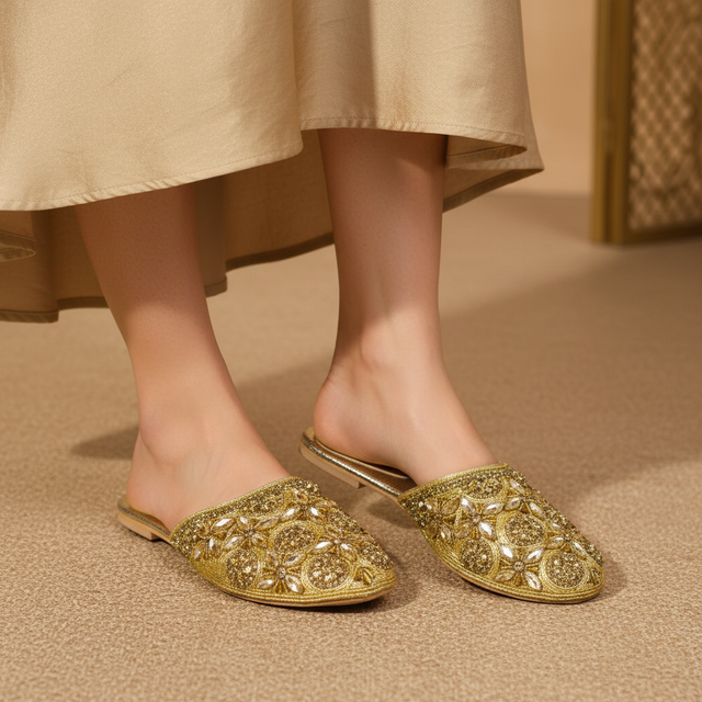 Gold Flat Luxury Slippers | S366F-G