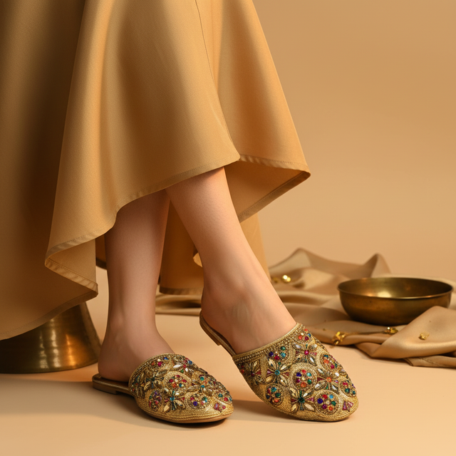 Gold Multicolour Flat Luxury Slip Ons | S366F-GM