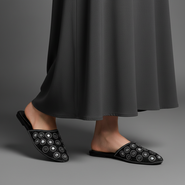 Black Flat Button Style Slides | S371F-B