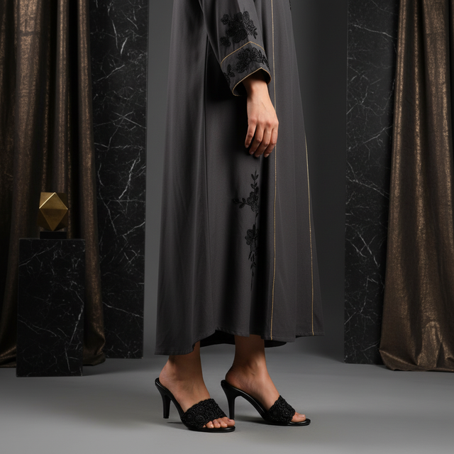 Black 3in Stiletto Heel Floral Slides | S375H-B