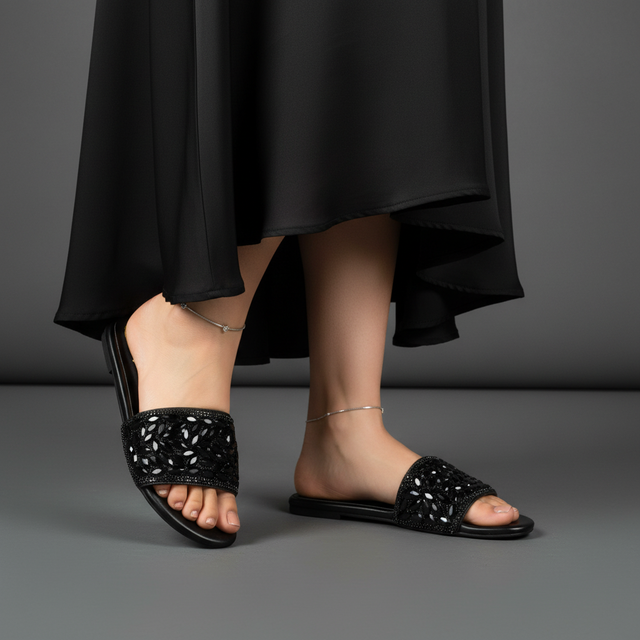 Black Flat Crystal Encrusted Slides | S376F-B