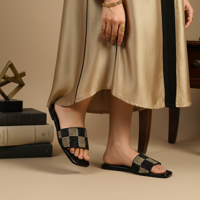 Black Flat Checkered Slides | S378F-B
